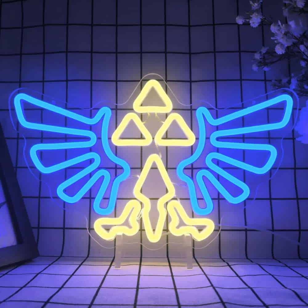 Neon sign featuring a winged skull with triangles, ideal for modern decor or branding.