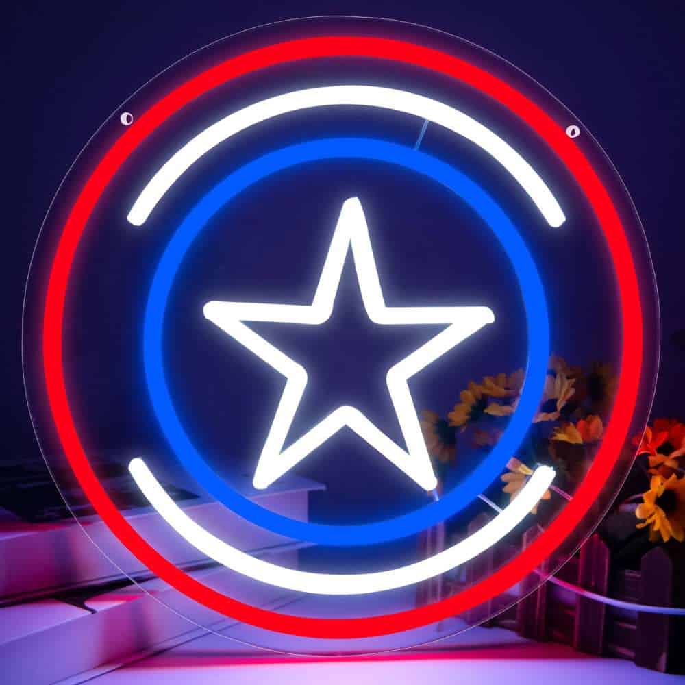 Neon star sign illuminated with red and blue lights, perfect for modern decor or nightlife venues.