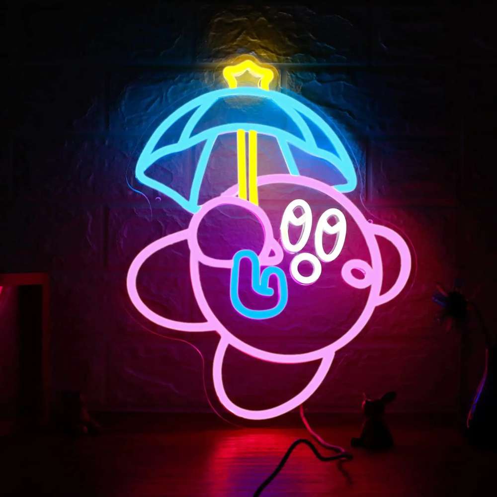 Neon cartoon character with umbrella, colorful and eye-catching neon art.