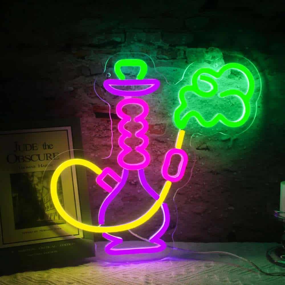 Neon sign of a hookah with colorful smoke for nightlife ambiance.