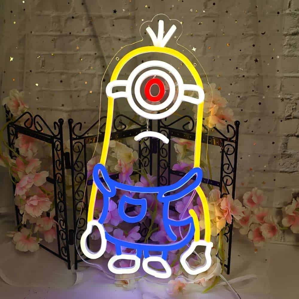 Neon fish sign with colorful lights, floral decor, perfect for RedProClub branding and ambiance.