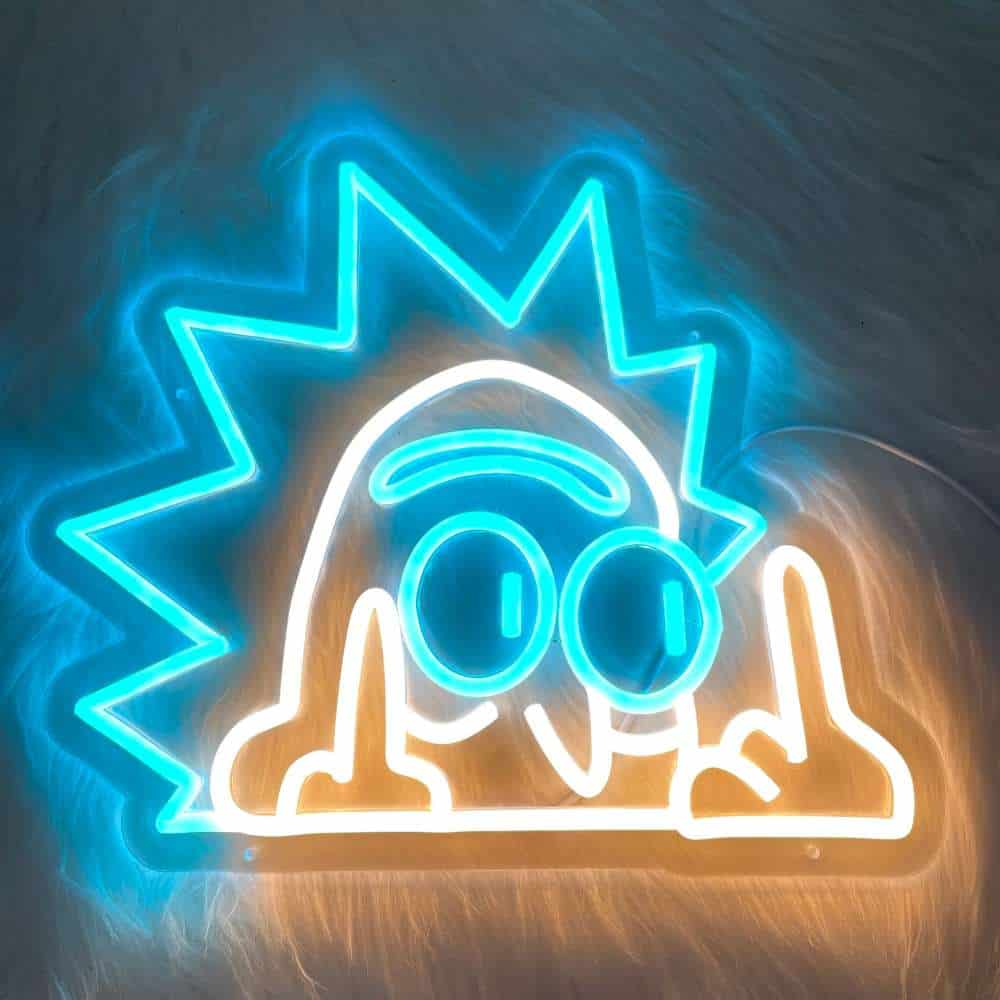 Neon sign of a rocket with headphones, vibrant blue and orange colors.