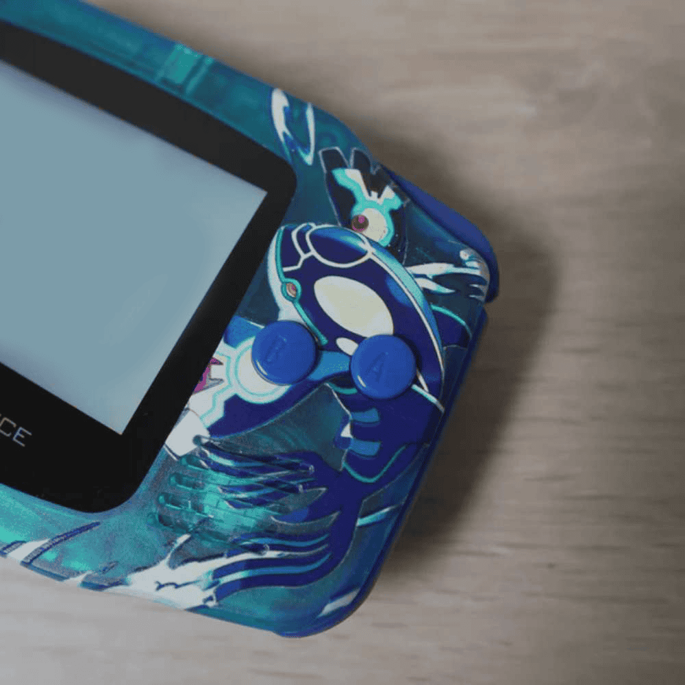 Custom Kyogre-themed GBA IPS screen mod with box for enhanced gaming experience. Perfect for collect.