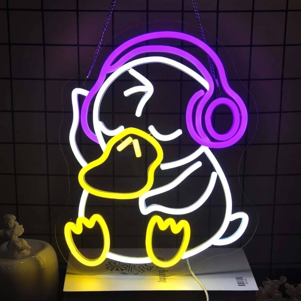 Neon sign of Psyduck with headphones, creating a relaxing and playful atmosphere. Perfect for fans o.