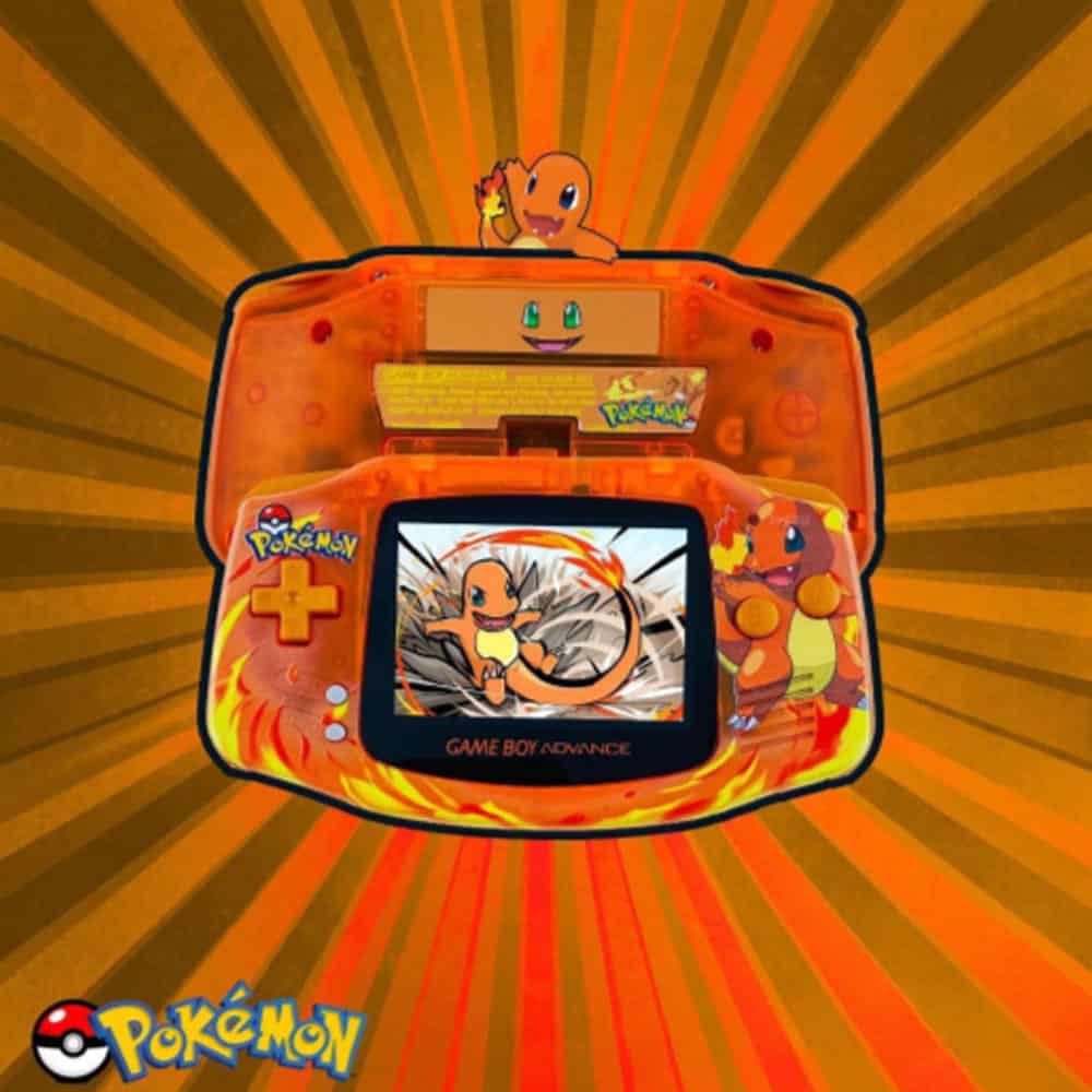 Custom Charmander-themed Game Boy Advance GBA with IPS backlit screen.