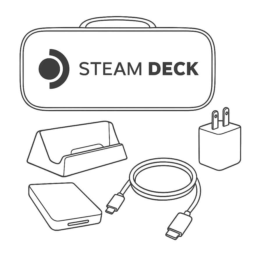 Steam Deck accessories including charger, dock, and cable illustration.