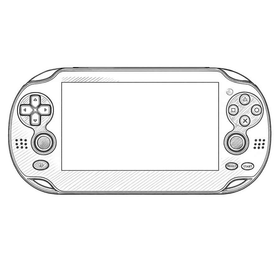Portable gaming console with buttons and screen for gaming on the go.