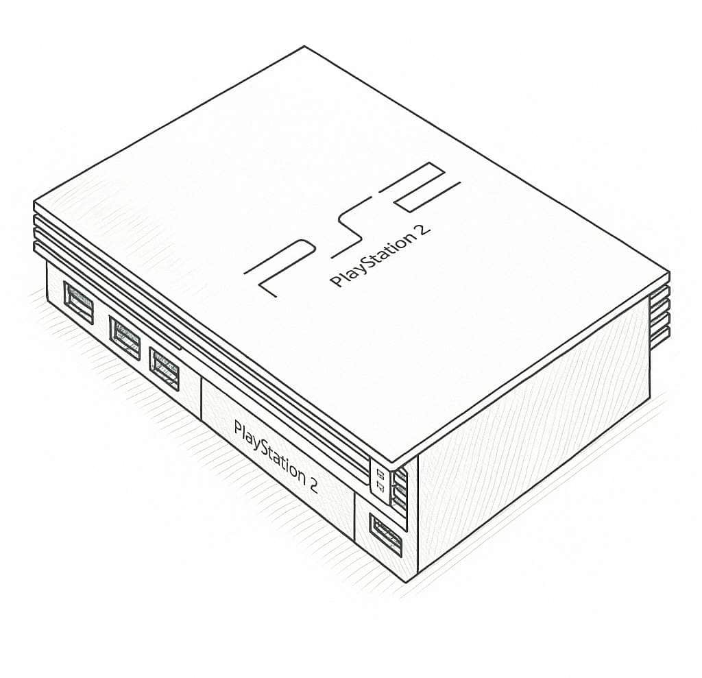 Line drawing of a PlayStation 2 gaming console and controller.