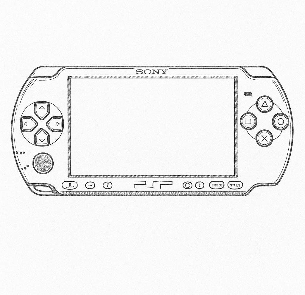Black and white sketch of a Sony PSP gaming device with buttons and screen.