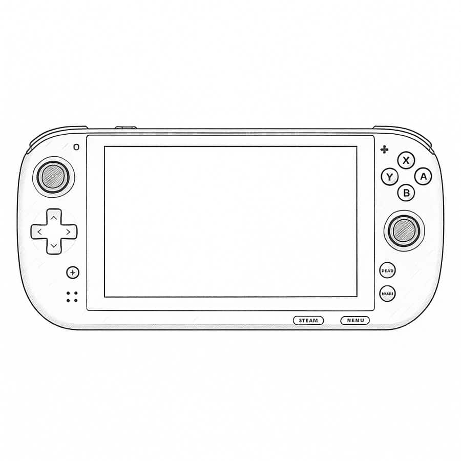 Portable gaming device with a large display and multiple control buttons.