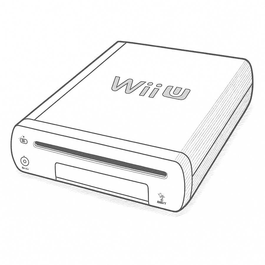 Illustration of a Wii U gaming console with detailed line art.