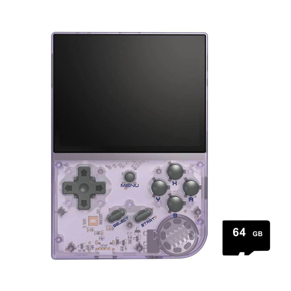 Handheld gaming console featuring retro design and 64GB storage capacity.
