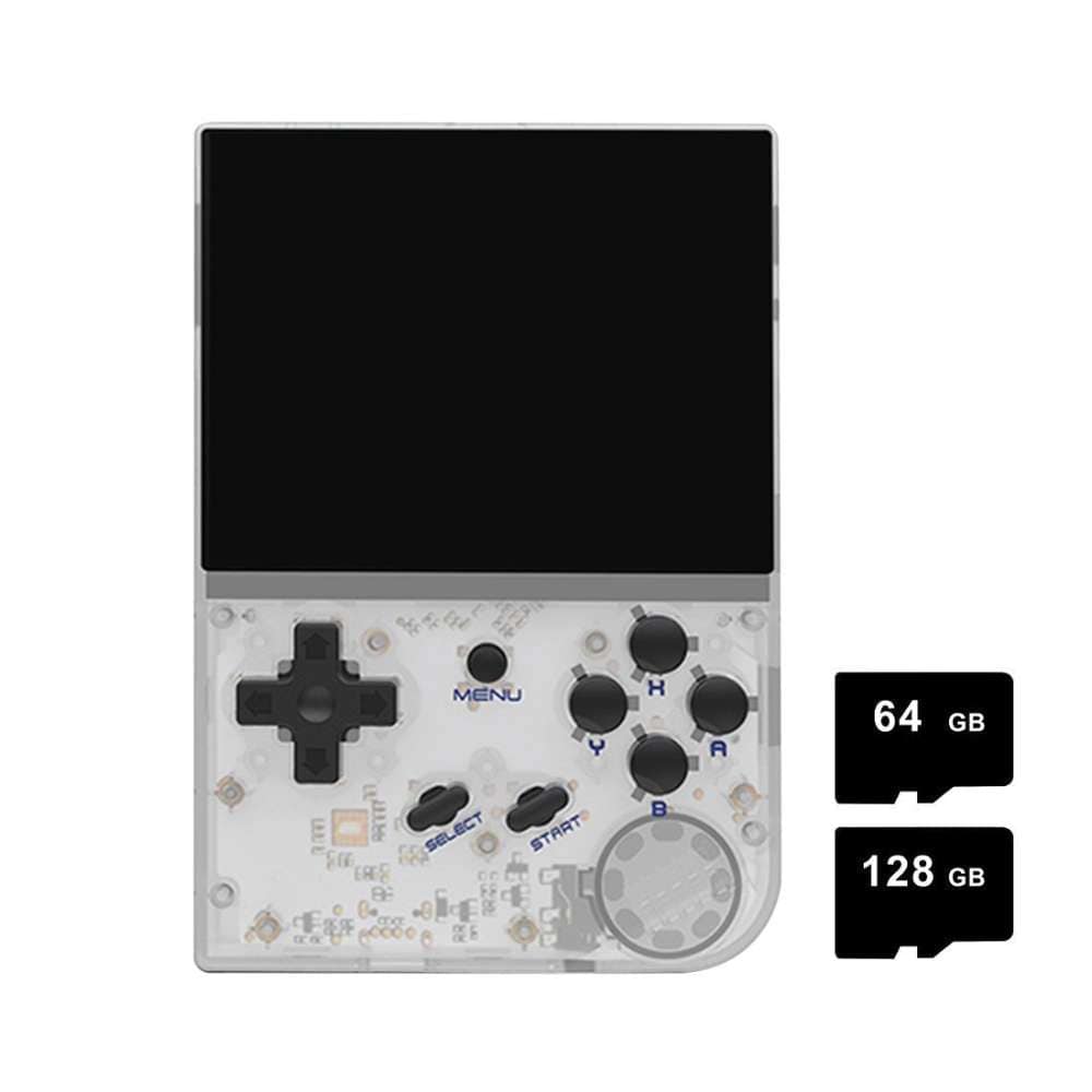 Retro handheld game console with 64GB and 128GB storage options. Compact design for portable gaming.