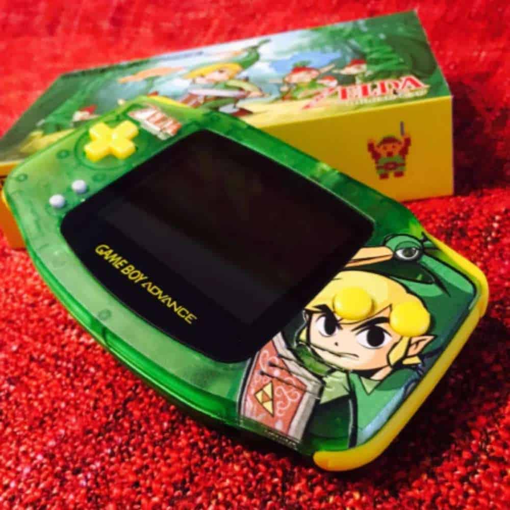 Zelda-themed Game Boy Advance GBA with IPS backlit mod, featuring a vibrant design and enhanced scre.