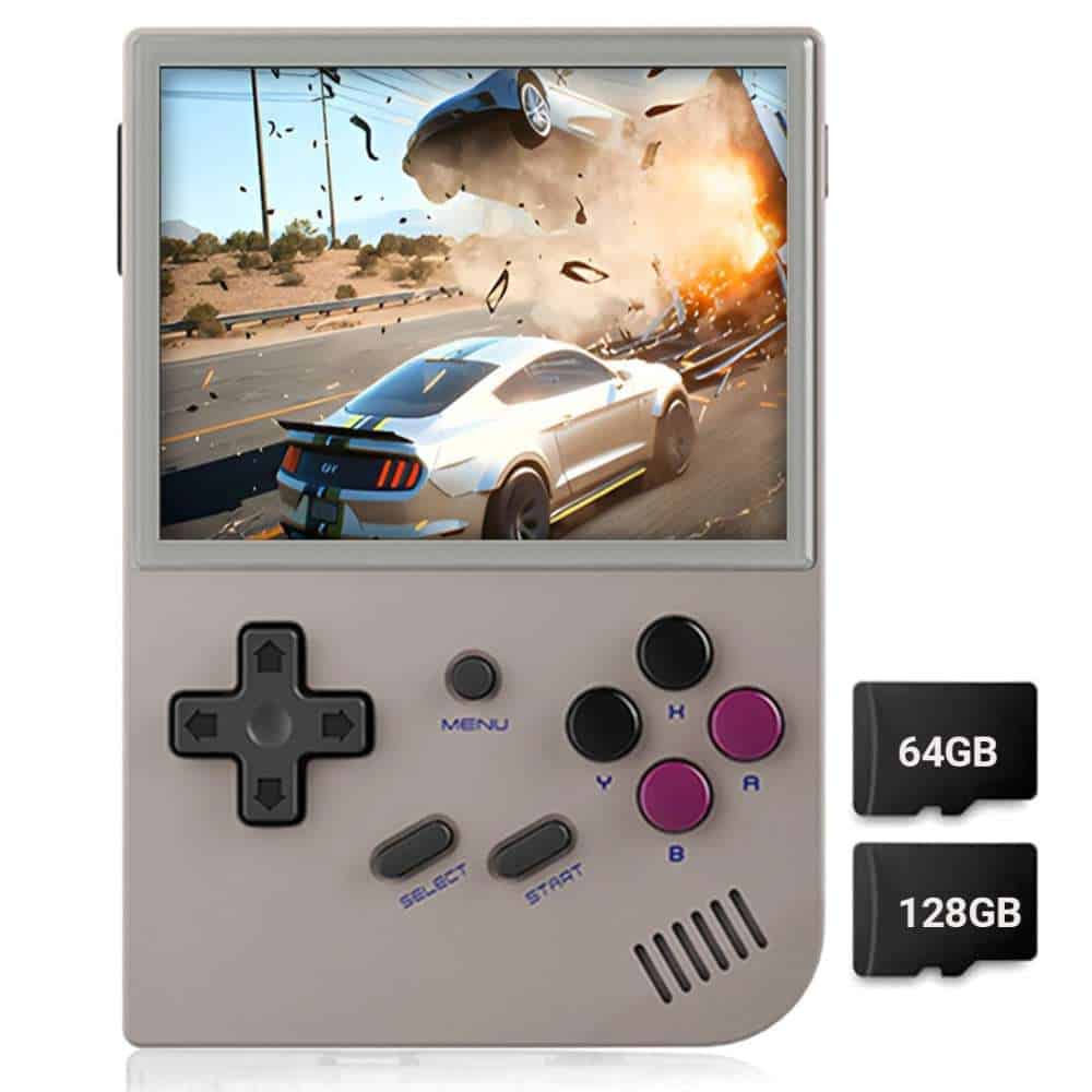 Anbernic RG35XX V2 retro handheld game console with explosion scene on screen.