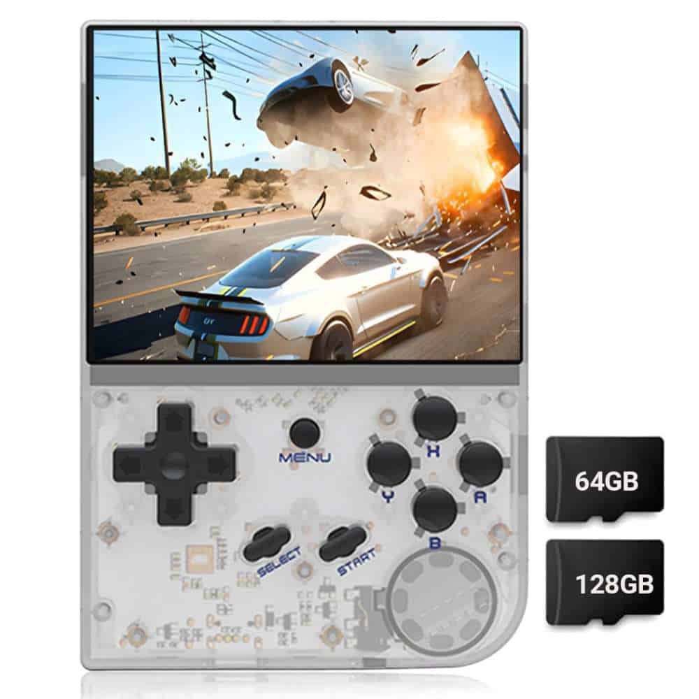 Handheld gaming console displaying a car crash scene with explosions and flying debris.