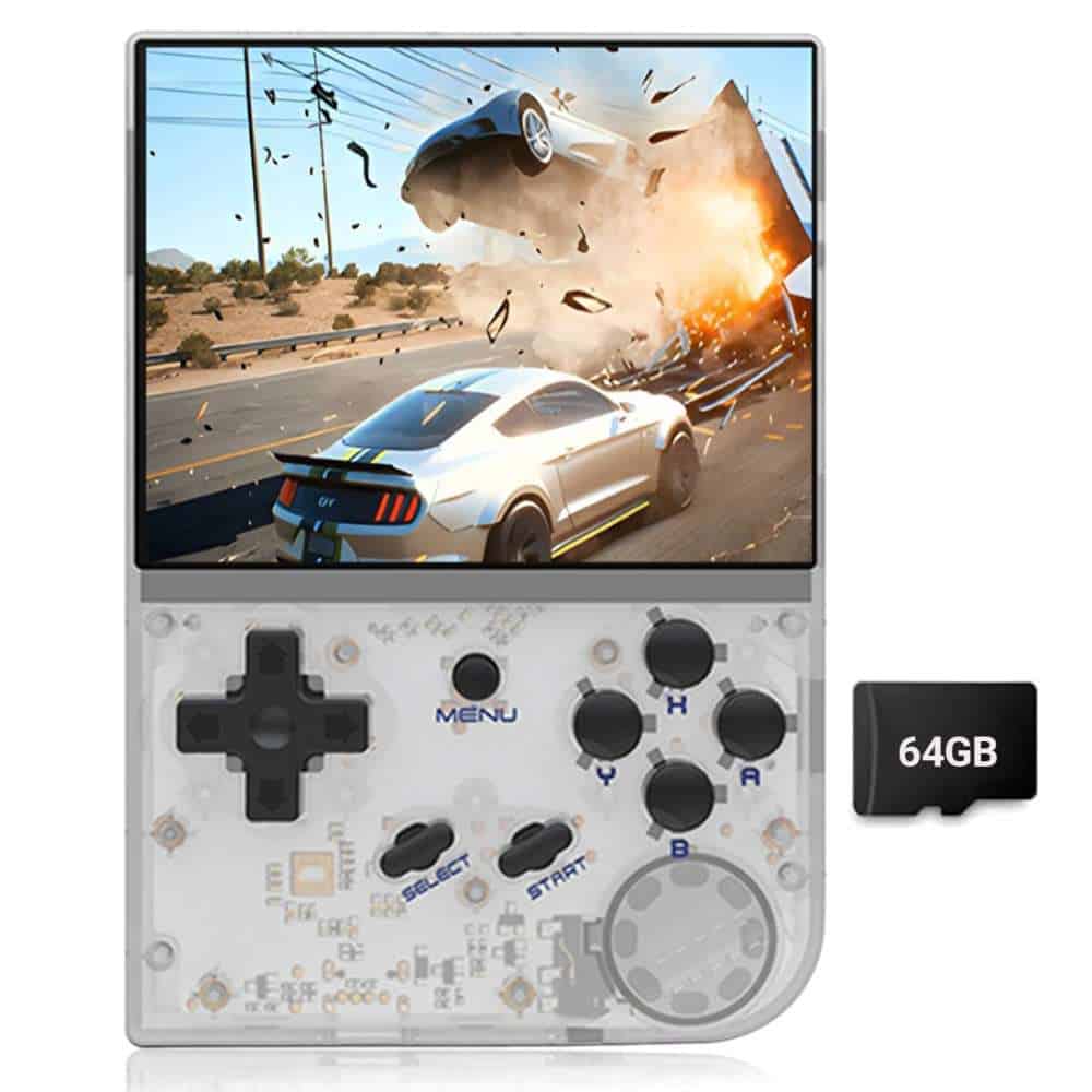 Retro handheld game console displaying car crash scene from Anbernic RG35XX V2.