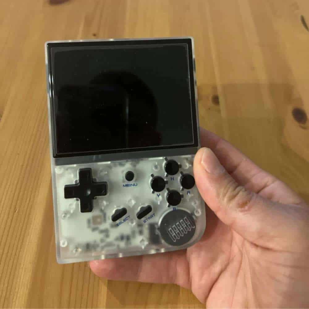 Portable Anbernic RG35XX V2 gaming device for retro gaming enthusiasts.