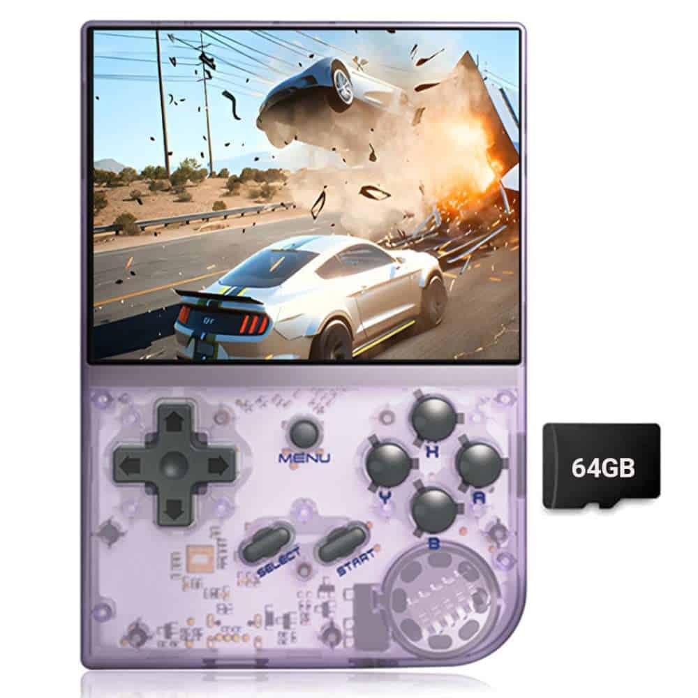 Anbernic RG35XX V2 handheld gaming console displaying a racing game scene.