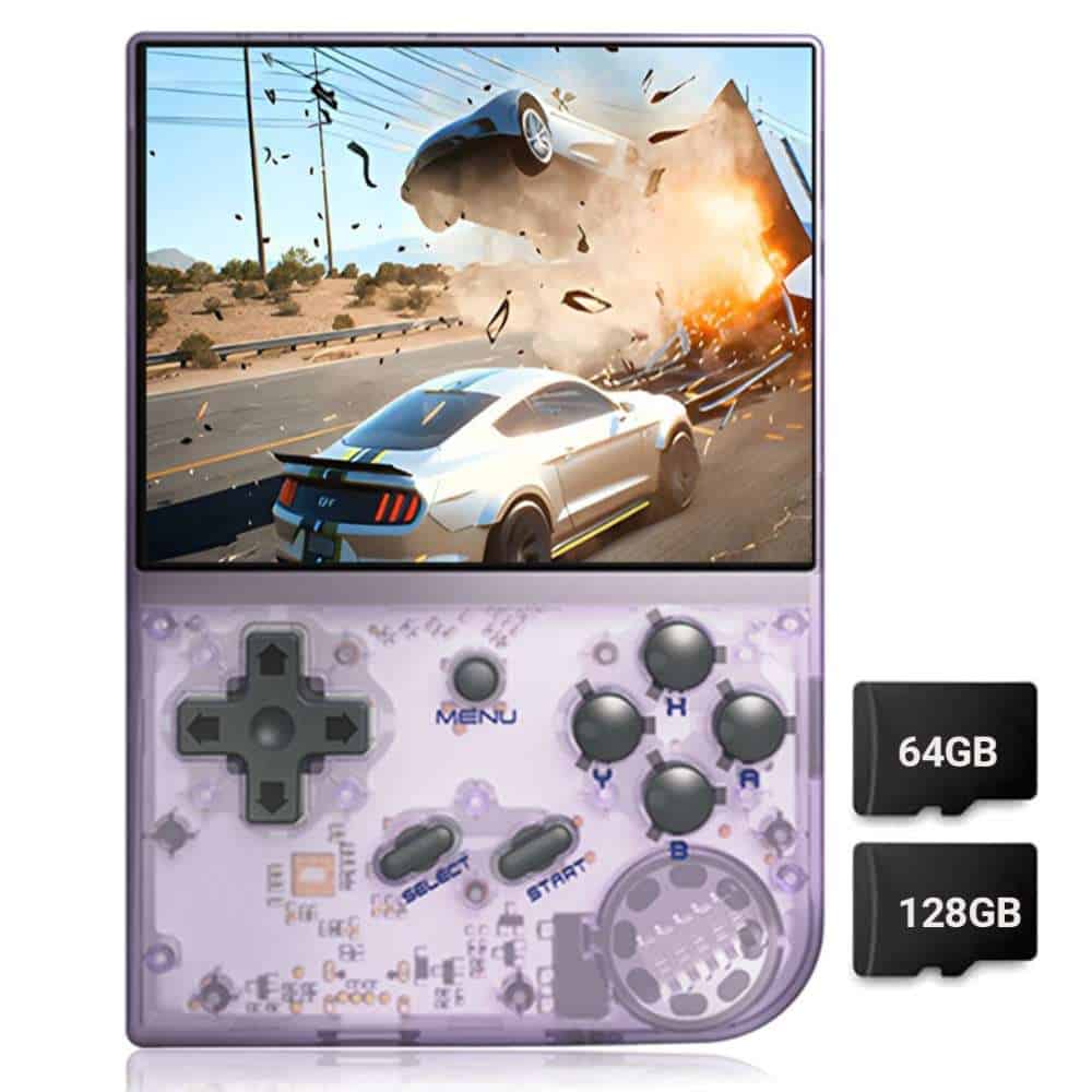 Retro handheld game console with car crash scene display.