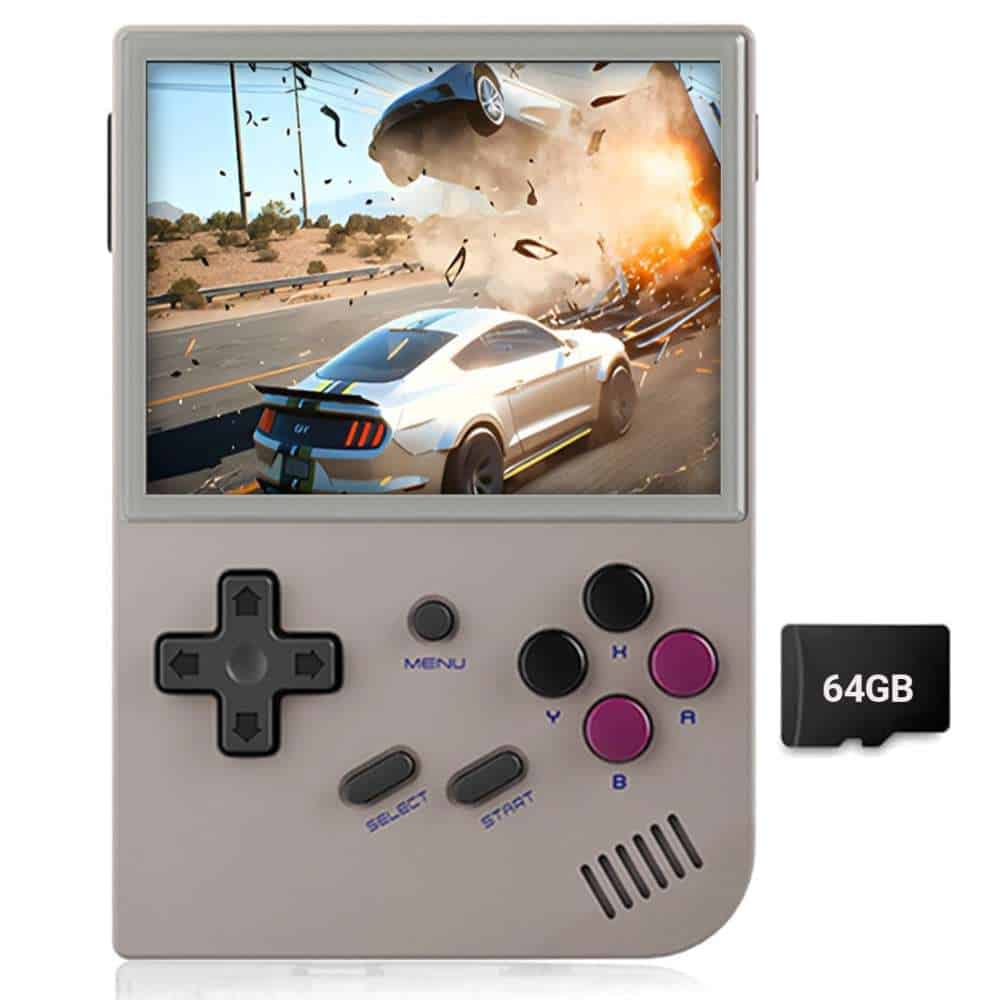 Anbernic RG35XX V2 retro handheld game console with explosion scene on screen.