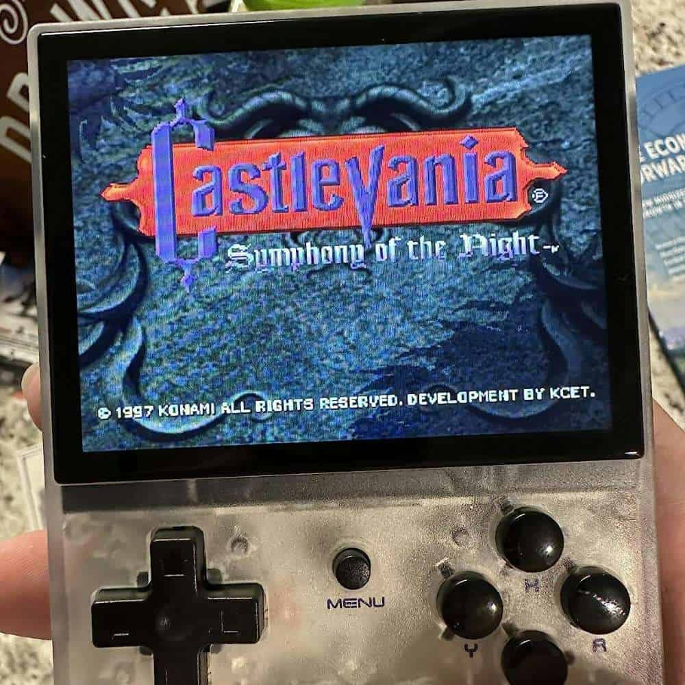 Portable retro gaming device featuring Castlevania Symphony of the Night game.
