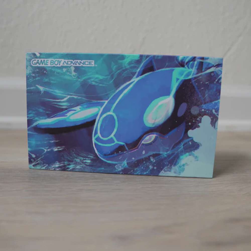 Kyogre-themed GBA IPS screen mod with packaging for enhanced handheld gaming experience.