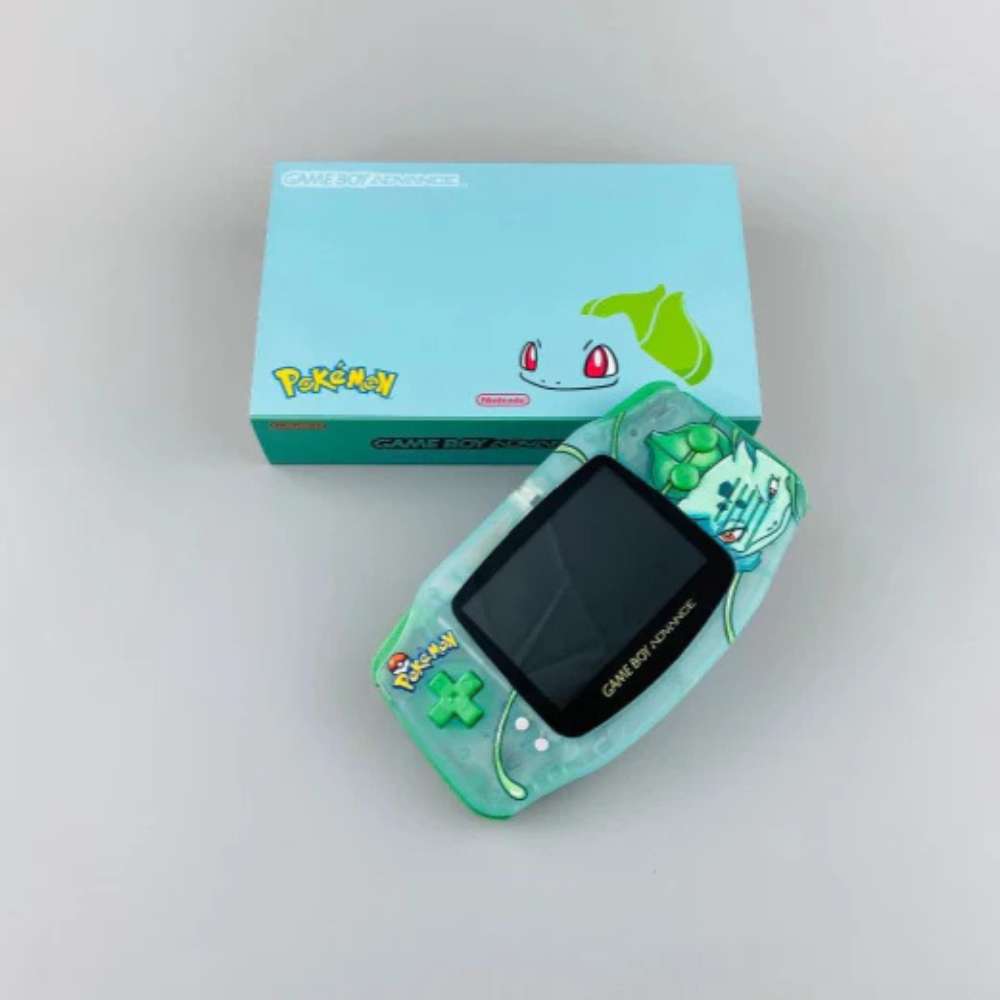 Custom Bulba Nintendo Game Boy Advance GBA with IPS backlit mod and Pokémon design.