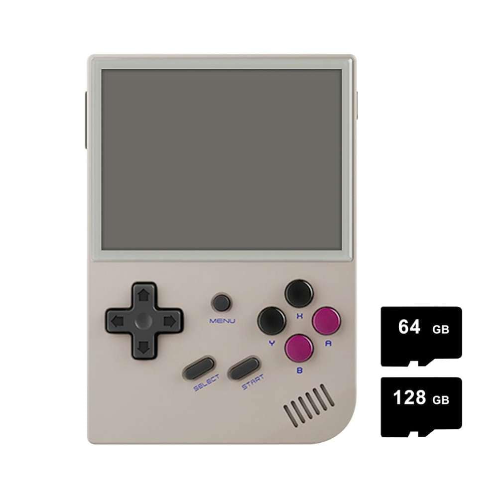 Anbernic RG35XX V2 retro handheld game console with 64GB and 128GB storage options.