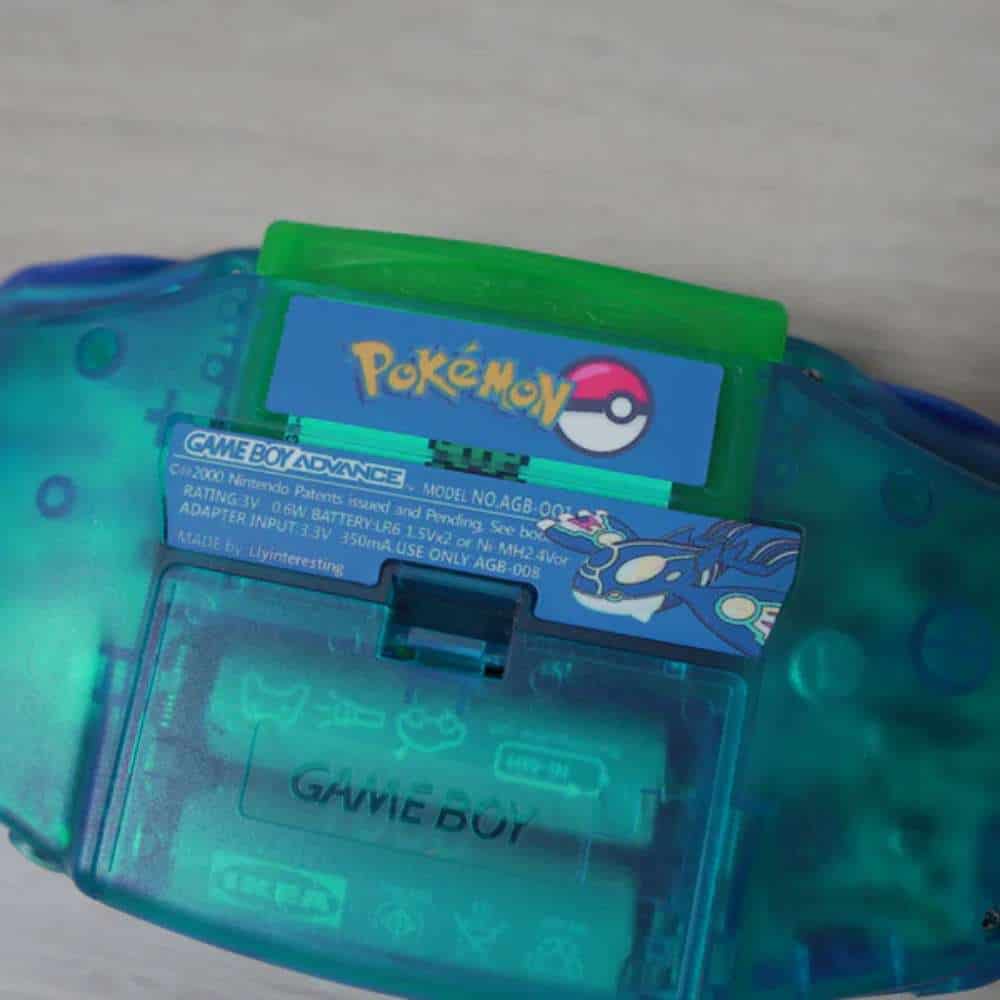 Custom Kyogre design GBA IPS screen mod with Pokémon branding and box.