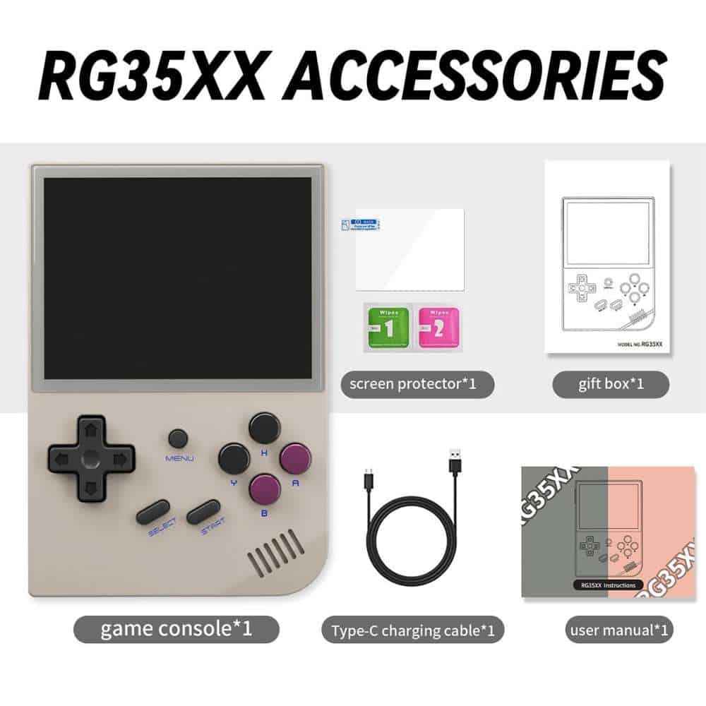 Retro Handheld Game Console RG35XX with Screen Protector and Accessories.