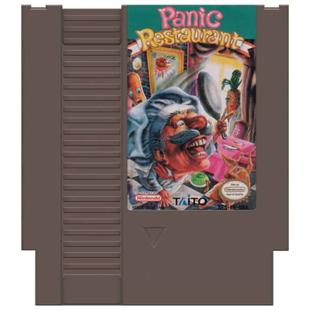 Classic NES game cartridge for Panic Restaurant with colorful cover art.