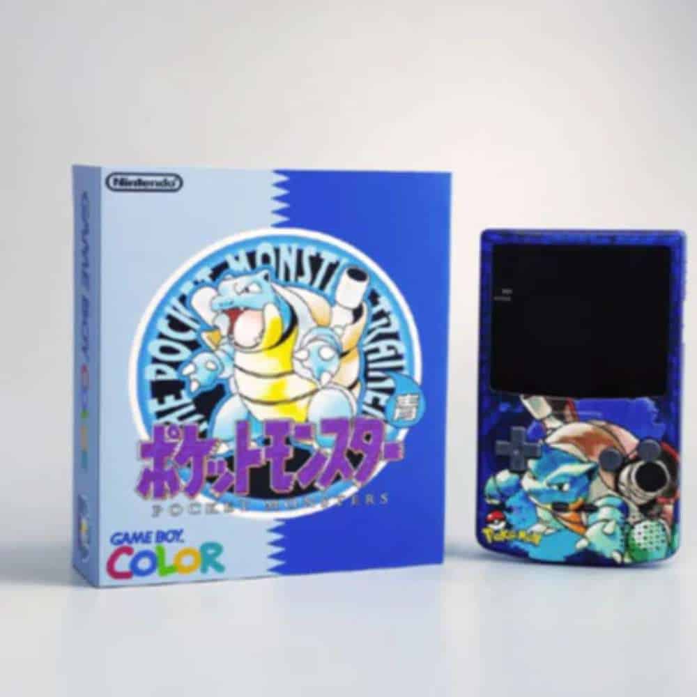 High-quality Pokémon Blastoise themed Game Boy Color with Q5 logo lighting and IPS screen mod, in or.