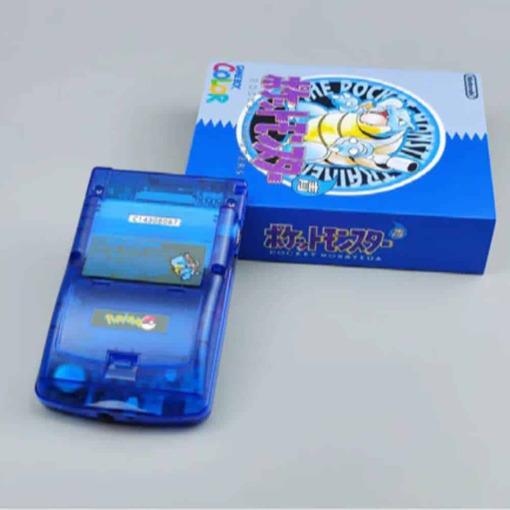 Vintage Blastoise-themed Game Boy Color with custom Q5 light-up logo.