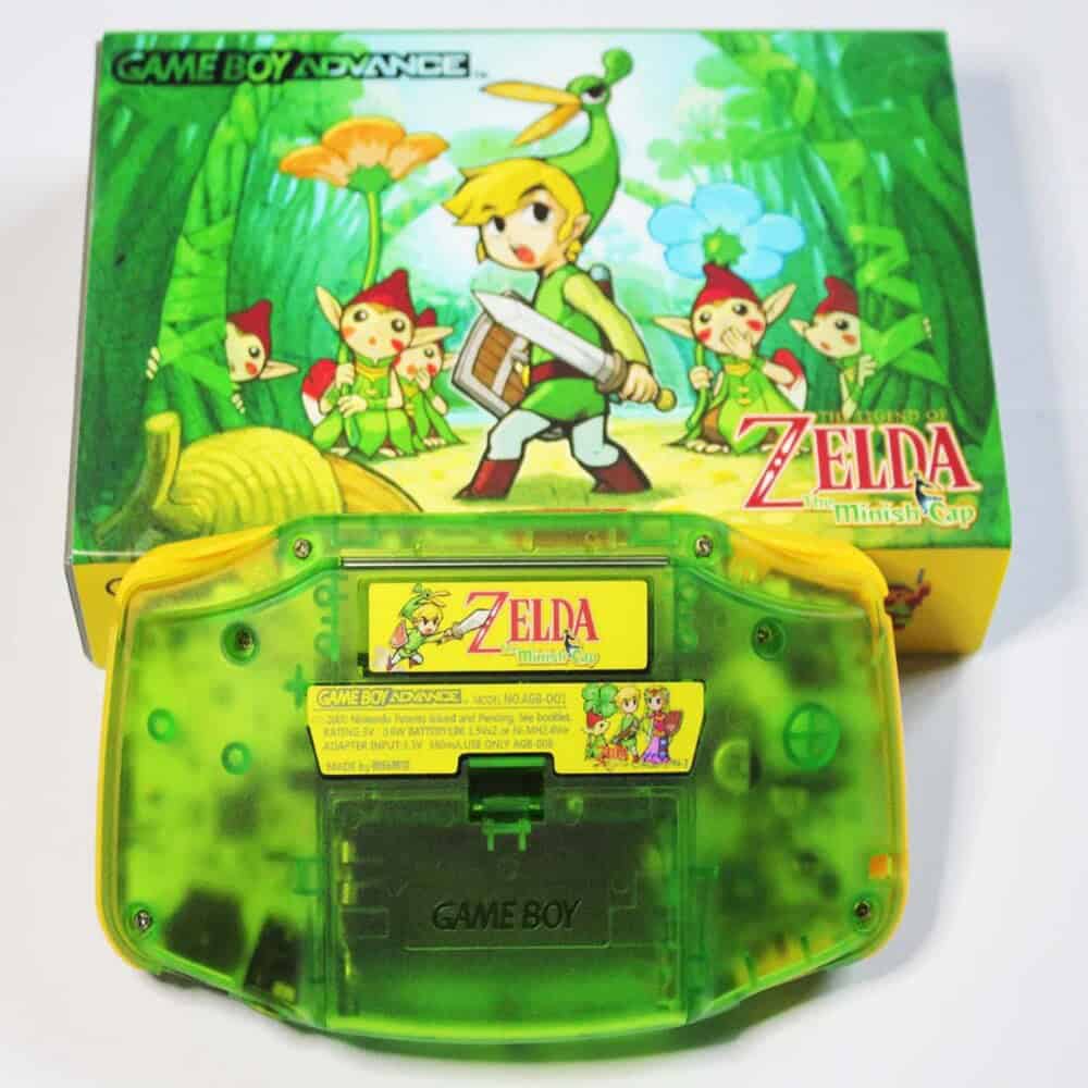 Zelda Game Boy Advance GBA with IPS backlit mod, transparent green shell, and classic Nintendo desig.
