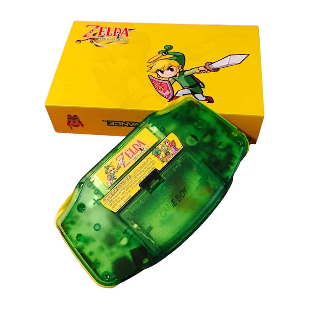 Zelda-themed Game Boy Advance GBA with IPS backlit mod and transparent green shell.