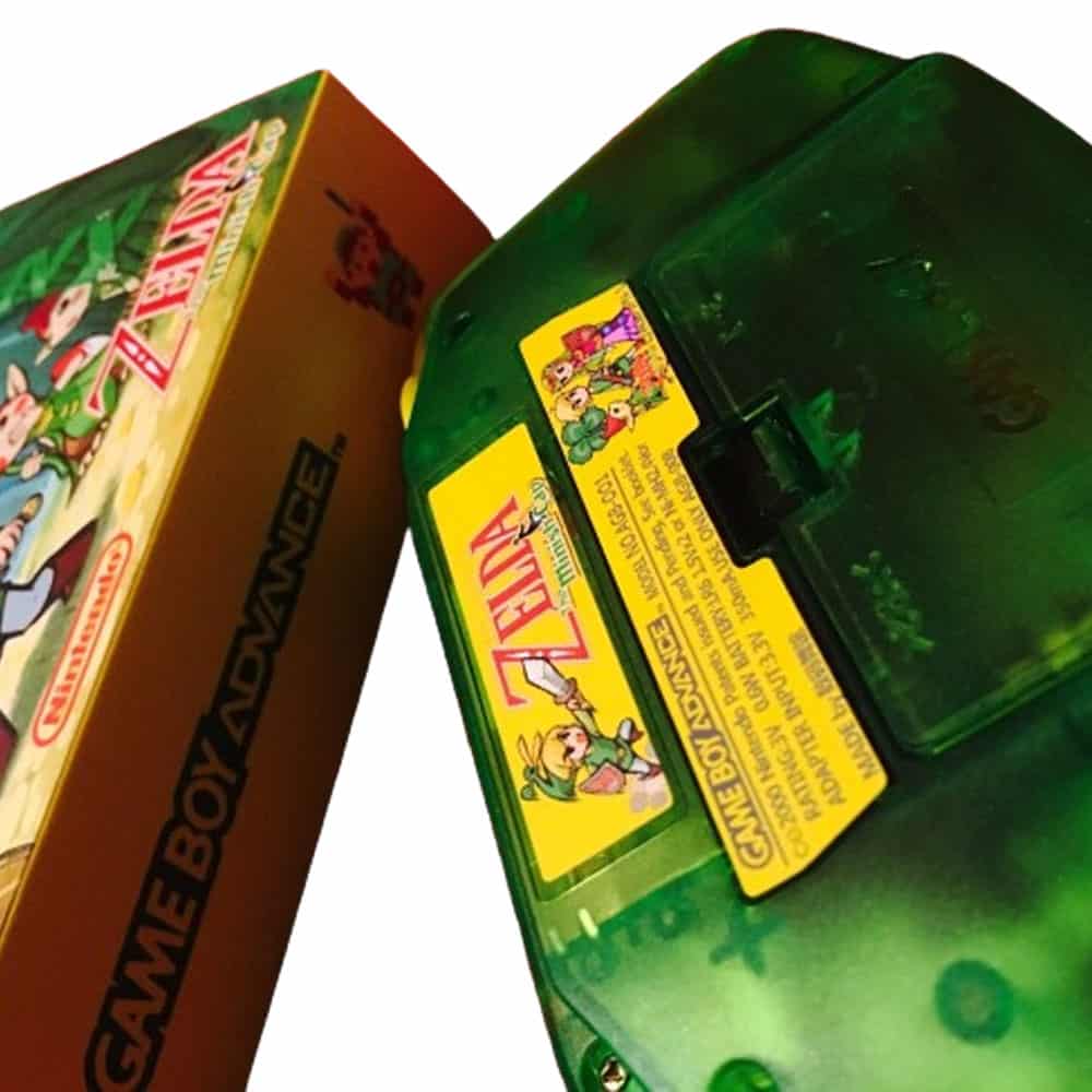 GBA Nintendo Game Boy Advance console featuring Legend of Zelda design and IPS backlit mod for enhan.
