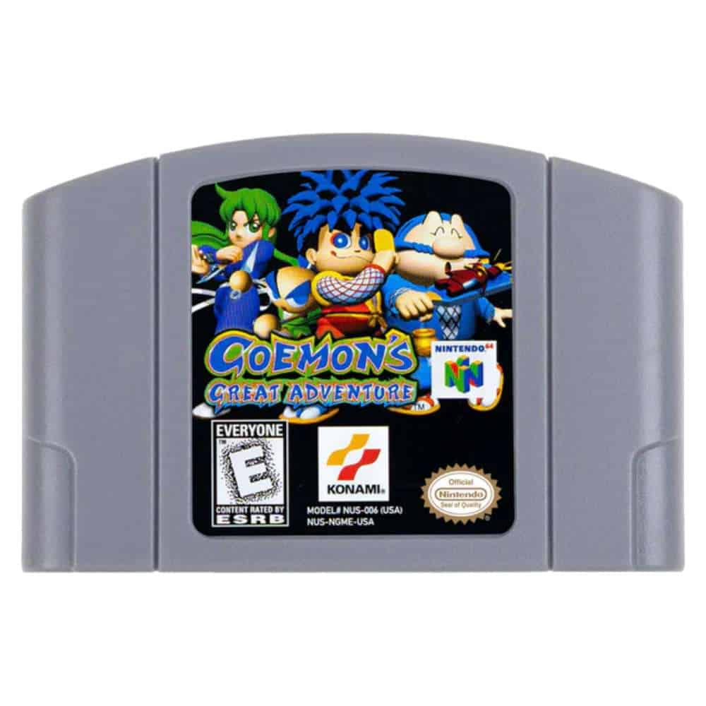 N64 Goemon's Great Adventure game cartridge with colorful characters.