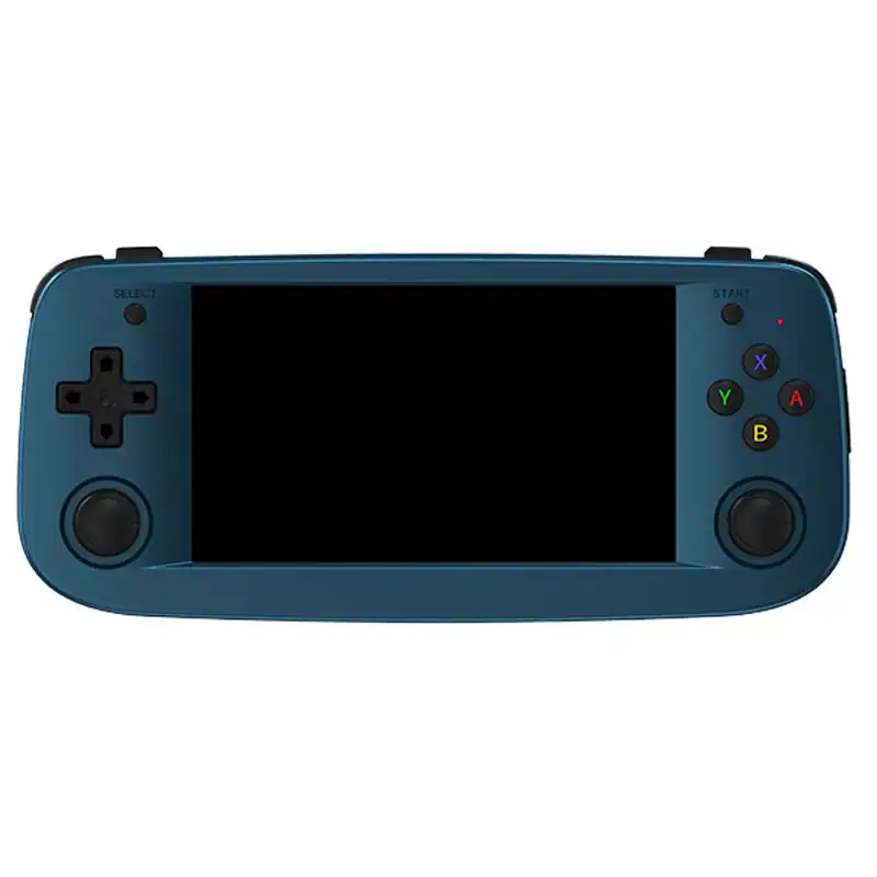 Anbernic RG-503 portable gaming device with preloaded games and vibrant blue design.