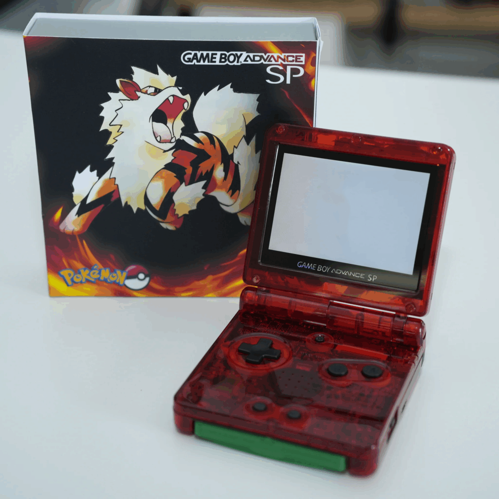 Nintendo Game Boy Advance SP with Arcanine Pokémon theme and IPS backlit mod.