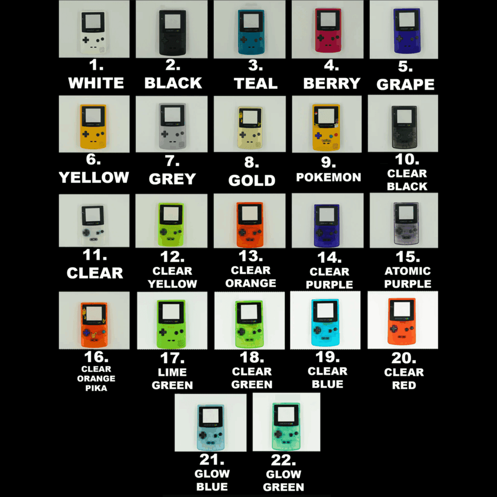Custom Game Boy Color shell with various color options for modding and personalization.