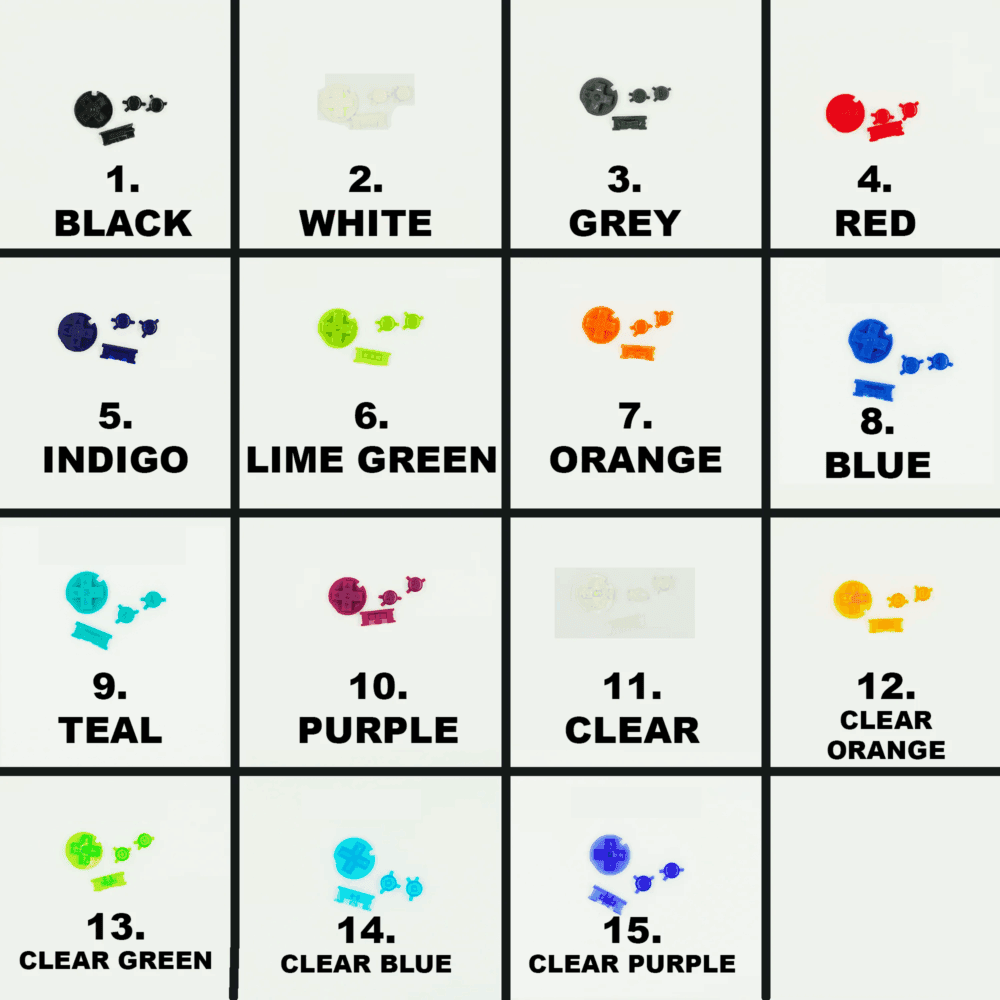 Custom Game Boy Color shells in various colors with buttons and mod options.
