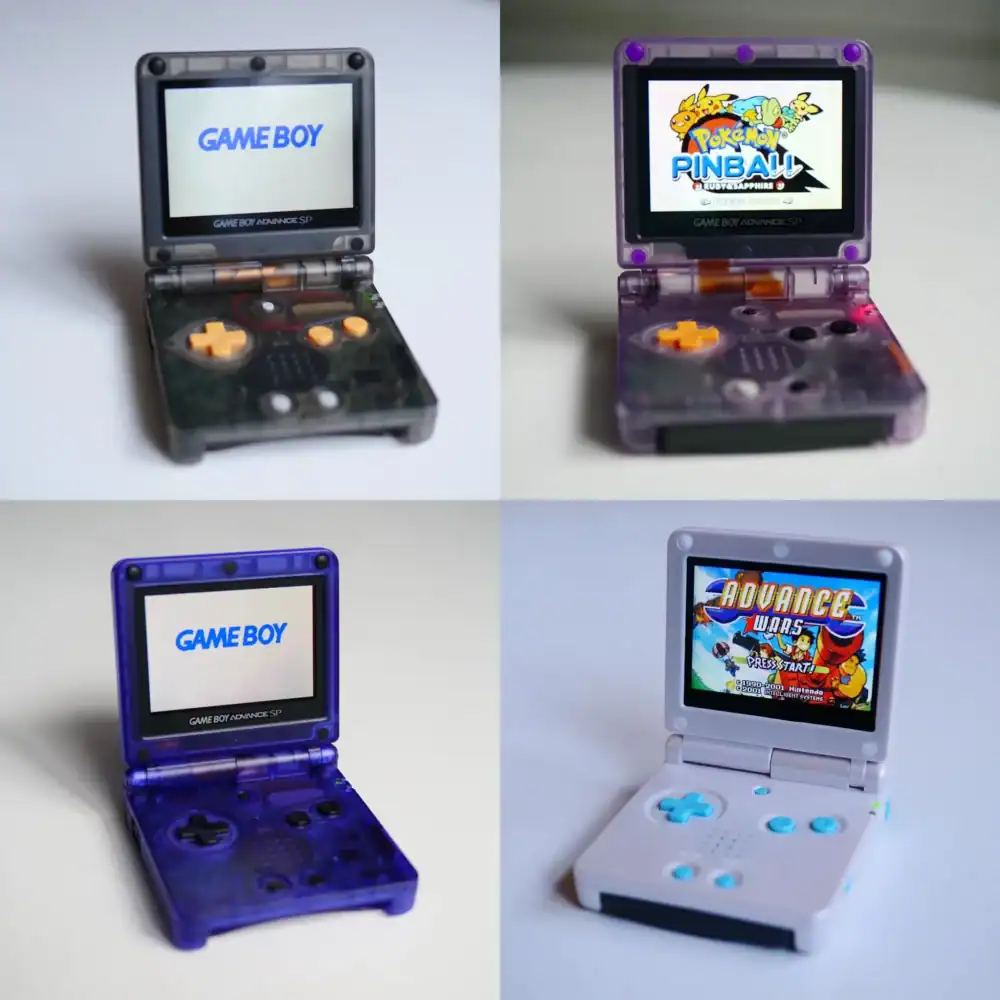 Custom Game Boy Advance SP handheld consoles with unique shells and mod options.