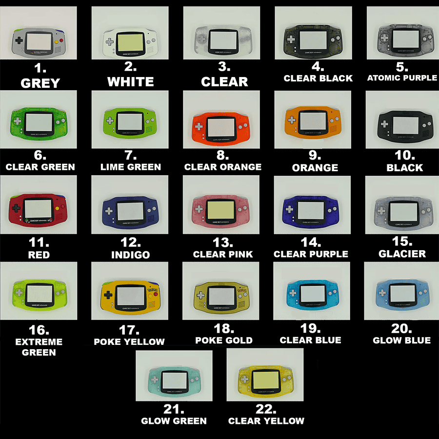 Colorful Game Boy Advance shells featuring customizable options for shell, buttons, and mods. Perfec.