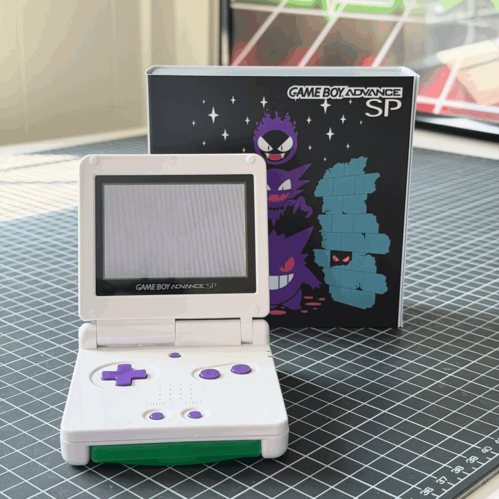 GBA SP handheld console featuring Gengar, Haunter, Gastly design, with IPS backlit mod and original.