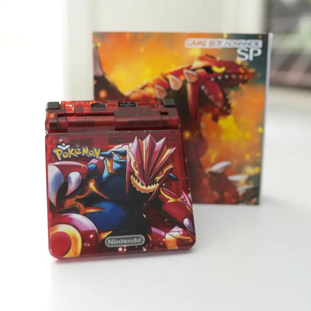 Groudon Nintendo Game Boy Advance SP with IPS backlit mod and original box. Perfect for collectors a.