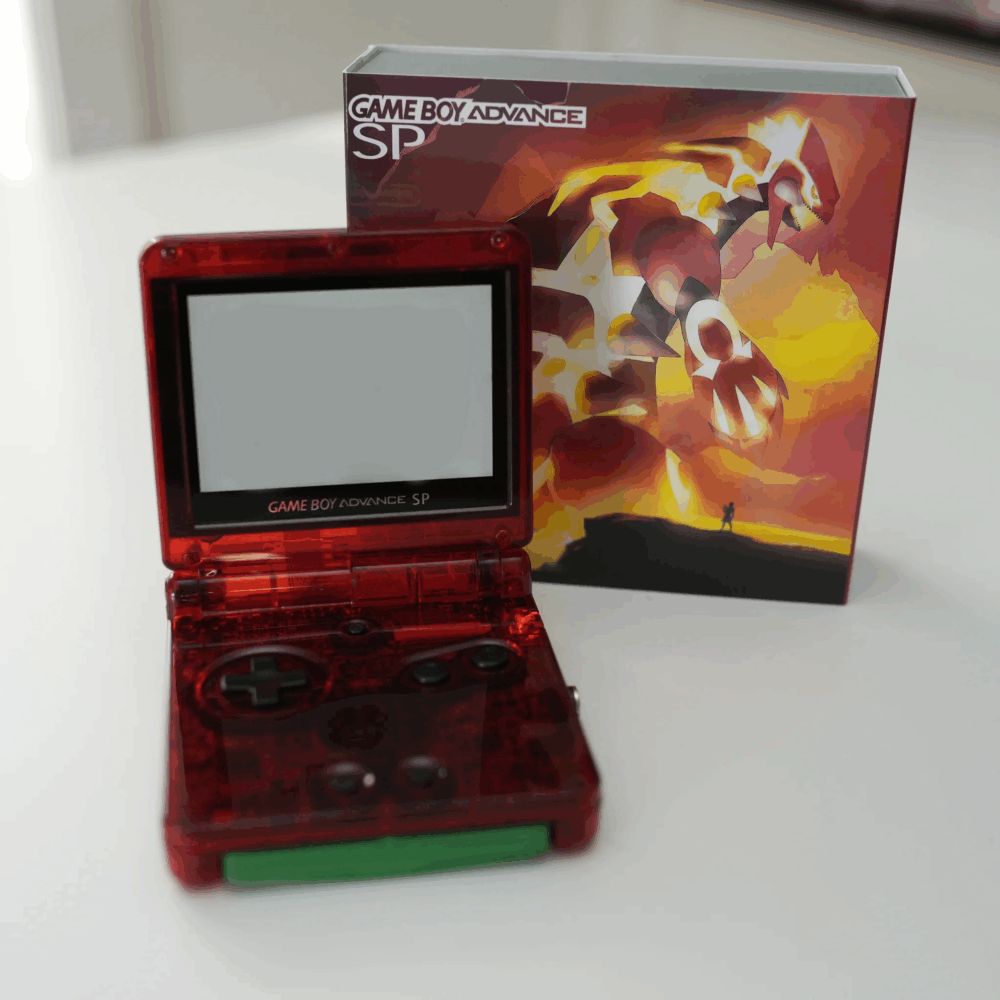 Groudon-themed Nintendo Game Boy Advance SP with IPS backlit mod and original box.