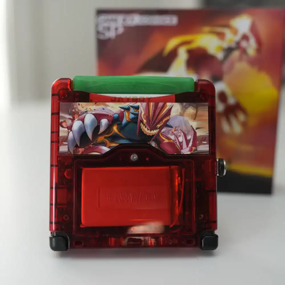 Groudon-themed Nintendo Game Boy Advance SP with IPS backlit mod and box. Perfect for collectors and.