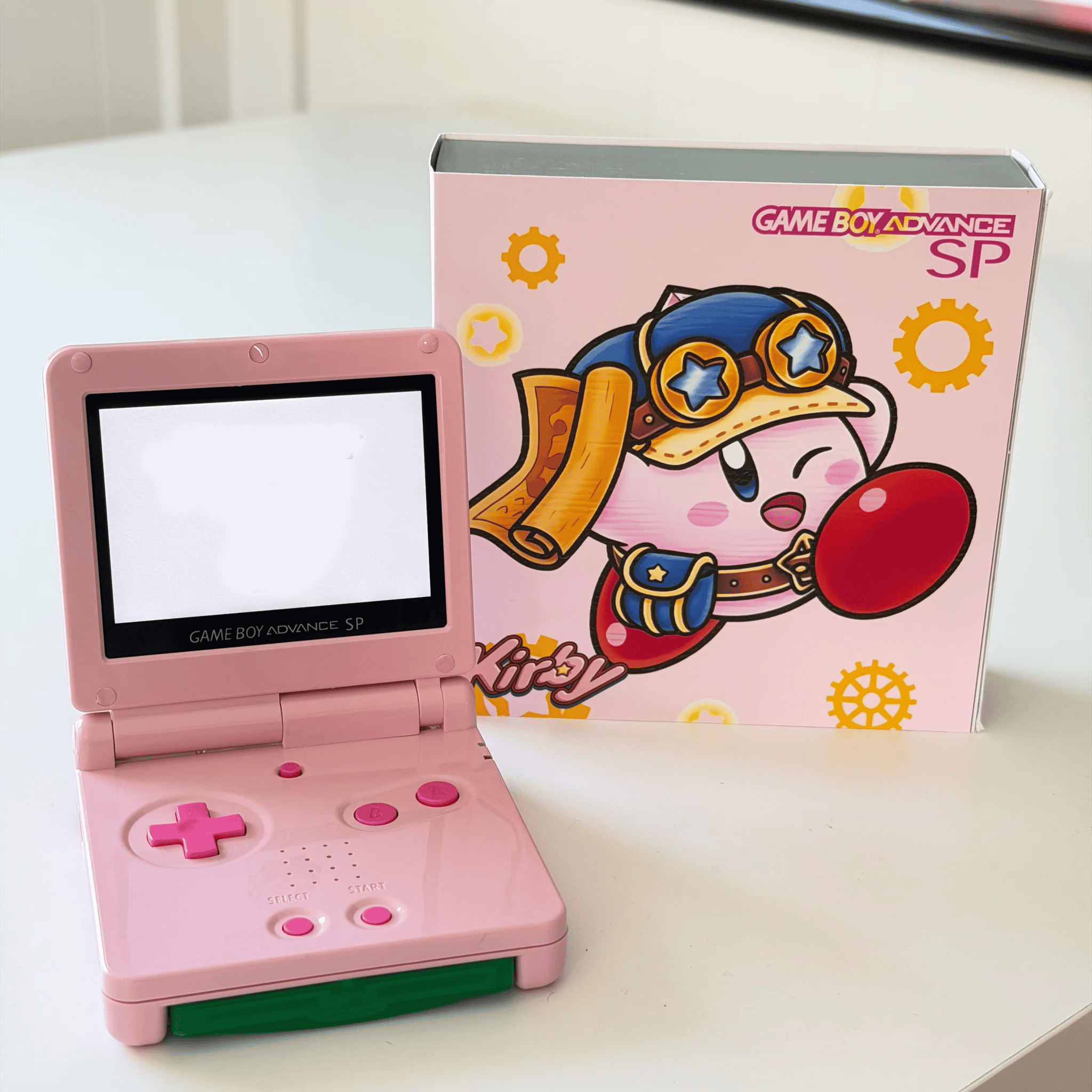 Custom Kirby-themed Game Boy Advance SP with IPS backlit screen and original box.