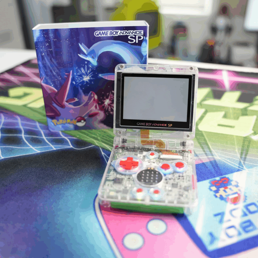 Enhanced GBA SP with Latios/Latias Pokémon theme and IPS screen mod.